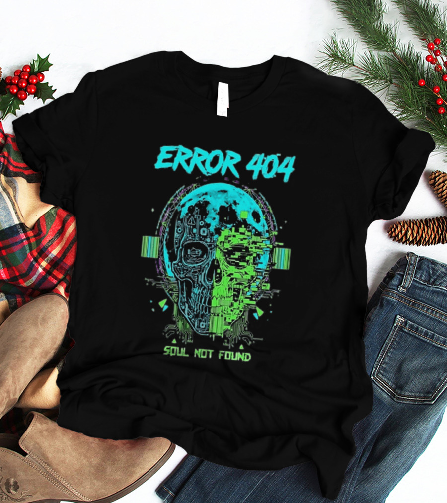 Error 404 Soul Not Found Cyber Skull Glitch Retro Tech Aesthetic T-Shirt