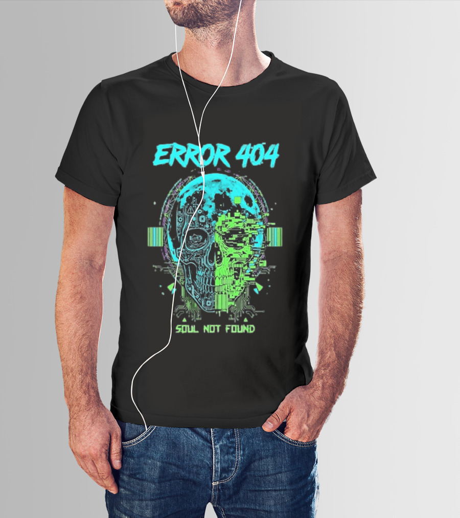 Error 404 Soul Not Found Cyber Skull Glitch Retro Tech Aesthetic T-Shirt