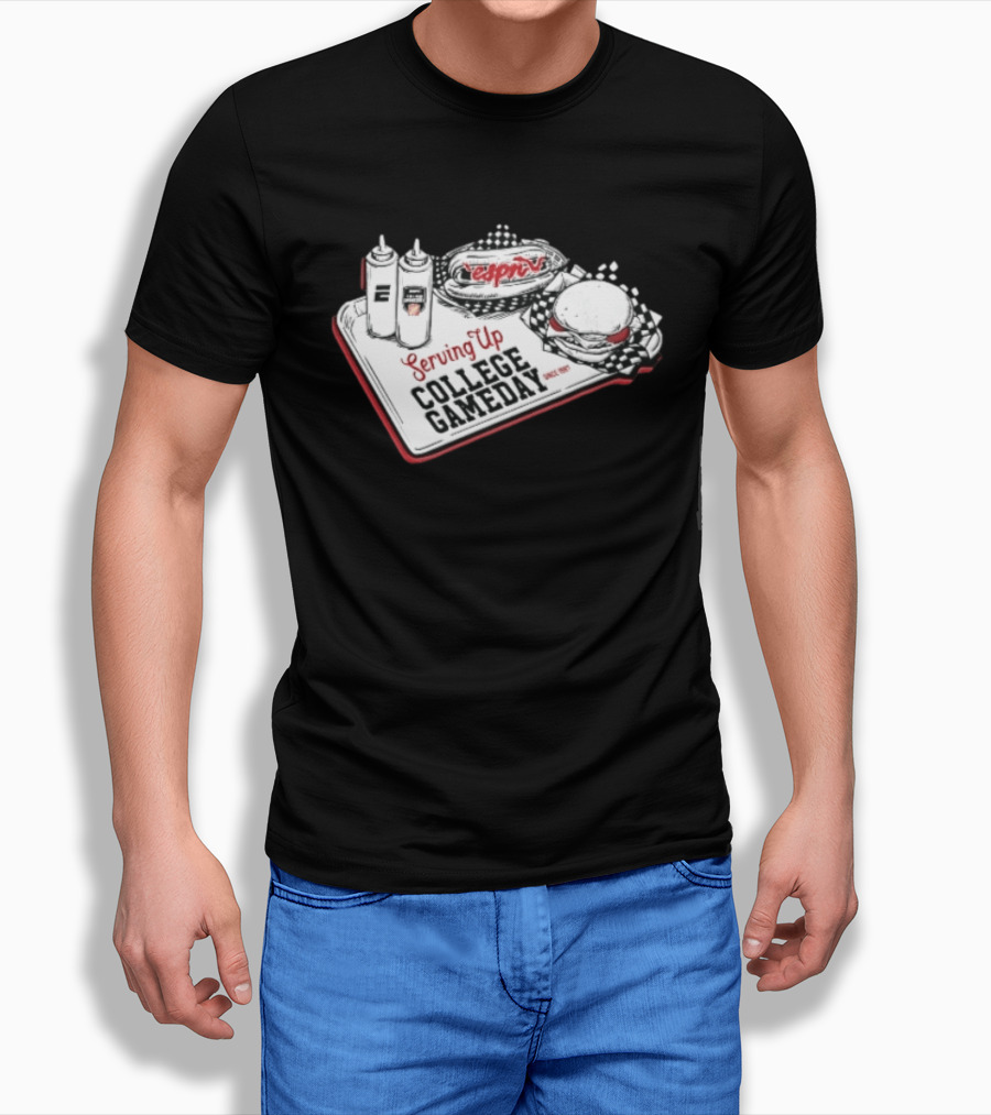 Espn Serving Up College Gameday Since 1987 Food Tray Hot Dog Burger Sketch T-Shirt