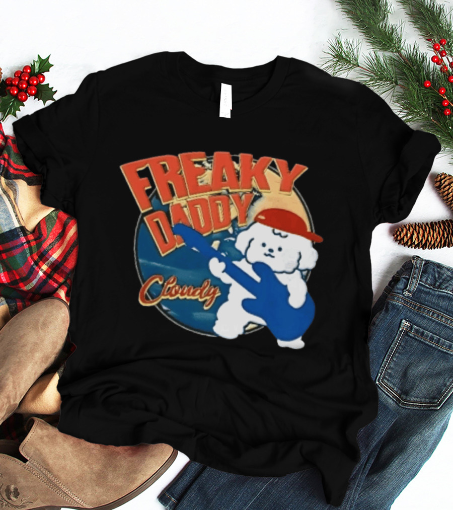 Freaky Daddy Cloudy Cartoon Dog Red Cap Playing Guitar T-Shirt