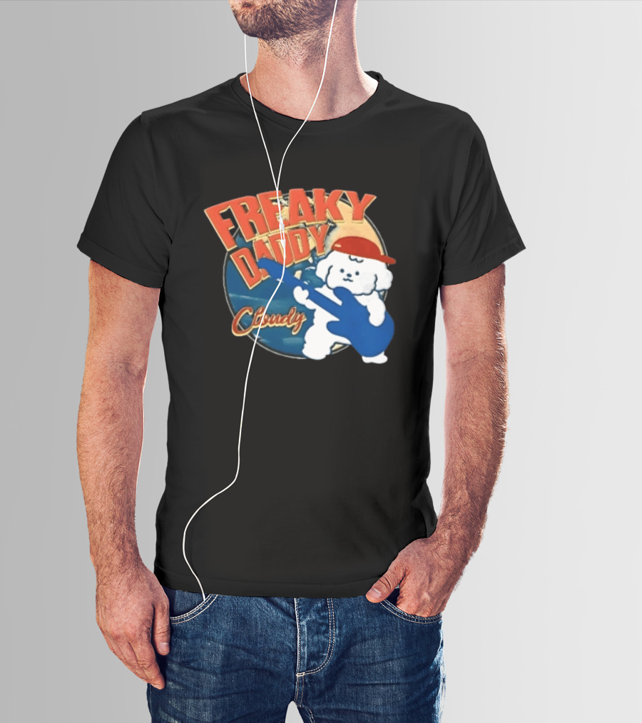 Freaky Daddy Cloudy Cartoon Dog Red Cap Playing Guitar T-Shirt