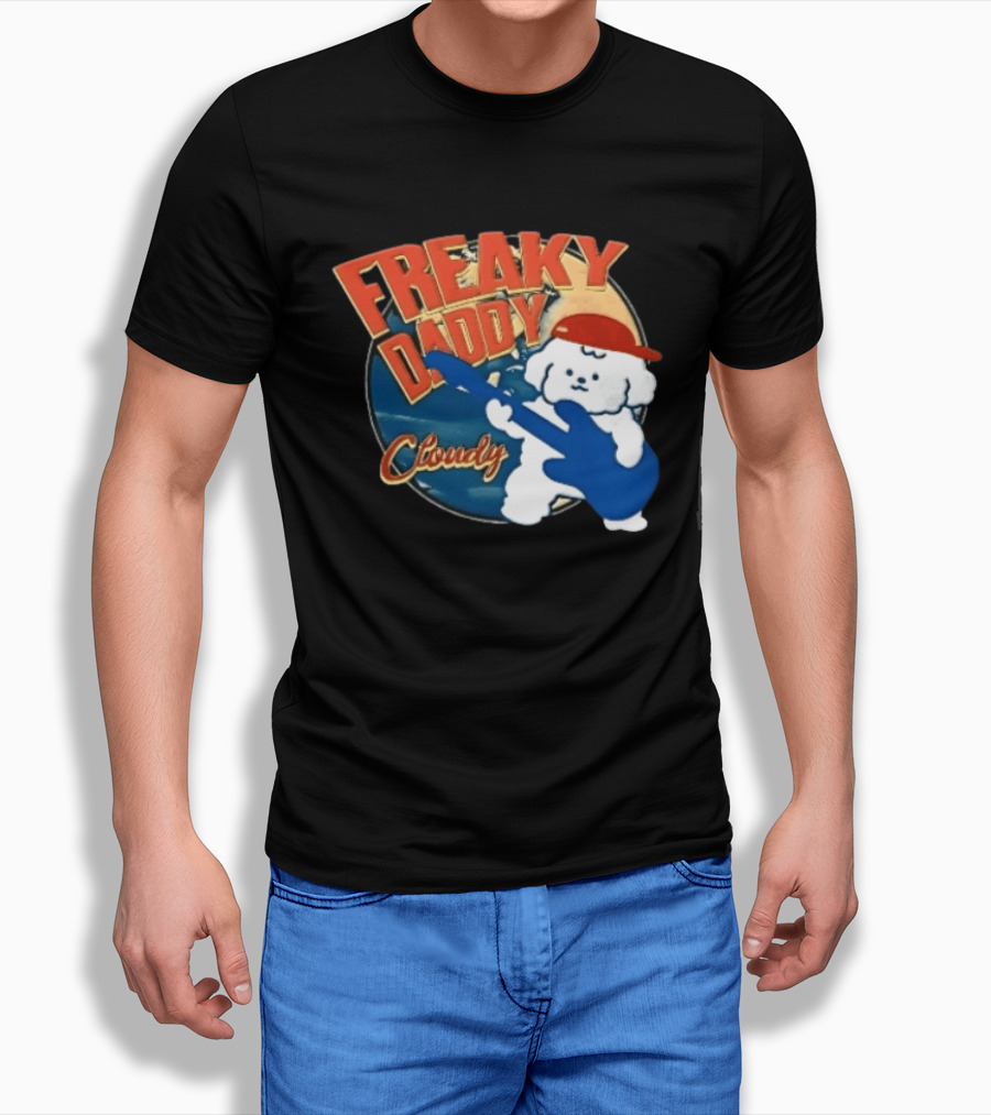 Freaky Daddy Cloudy Cartoon Dog Red Cap Playing Guitar T-Shirt