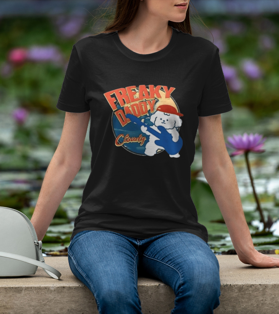 Freaky Daddy Cloudy Cartoon Dog Red Cap Playing Guitar T-Shirt