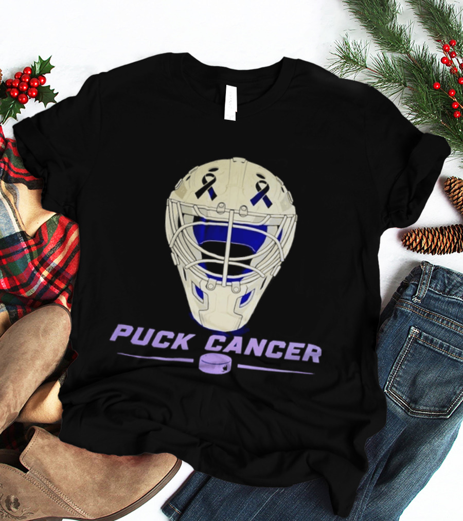 Puck Cancer Hockey Goalie Mask Awareness Purple Ribbon T-Shirt