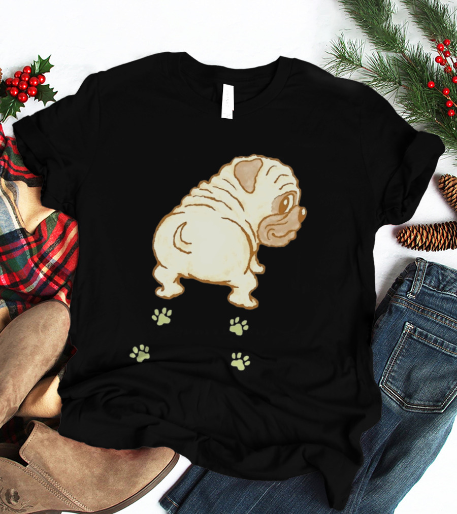 Pug Looking Back With Paw Prints Dog Cute Canine T-Shirt