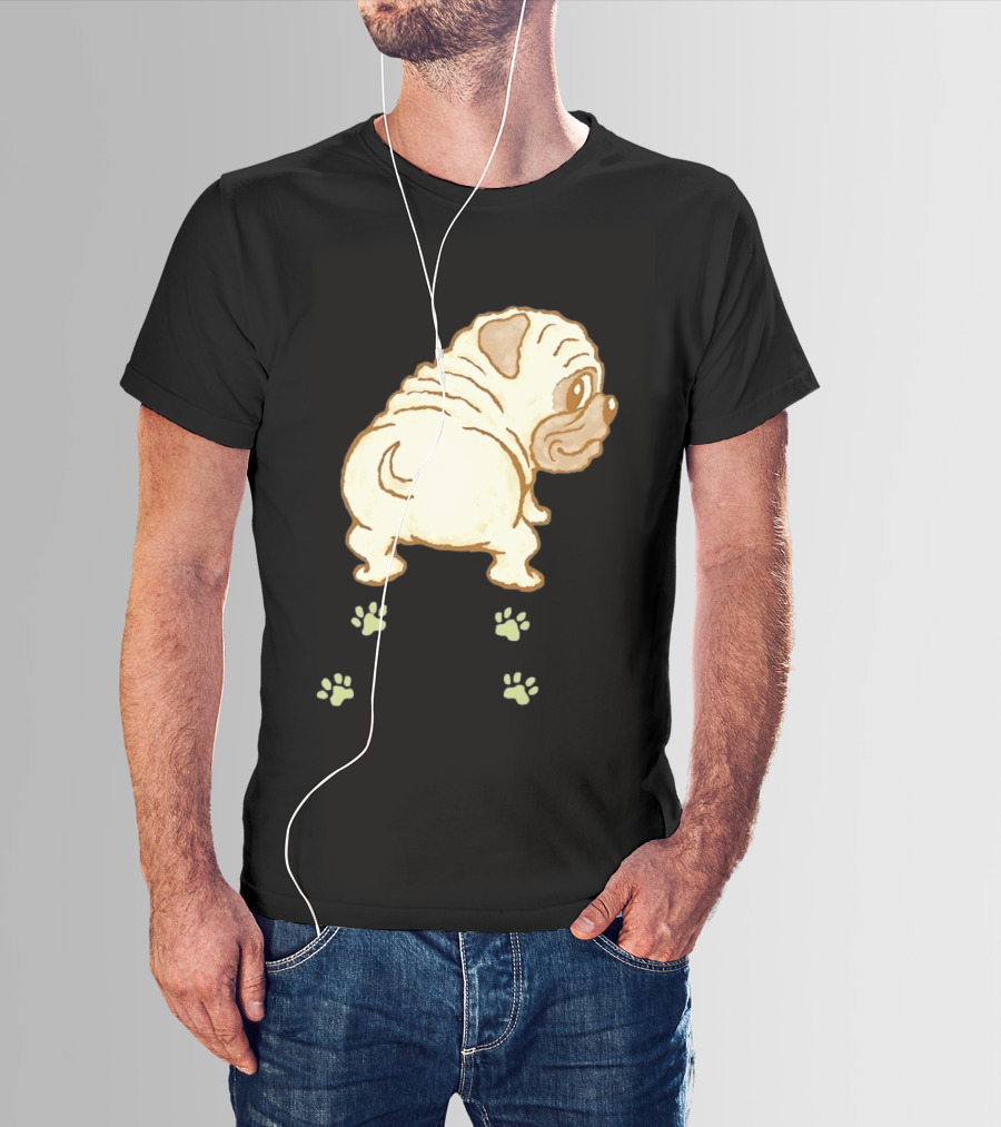 Pug Looking Back With Paw Prints Dog Cute Canine T-Shirt