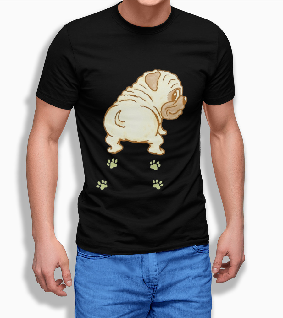 Pug Looking Back With Paw Prints Dog Cute Canine T-Shirt