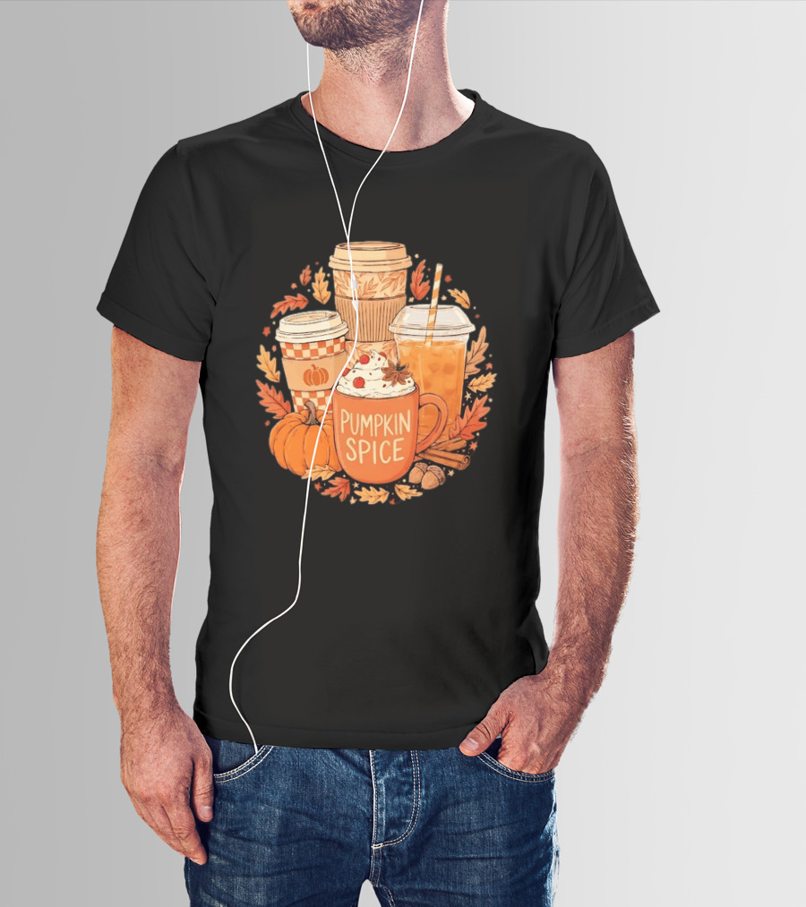Pumpkin Spice Fall Coffee Drinks Autumn Leaves Acorns Cinnamon Sticks T-Shirt