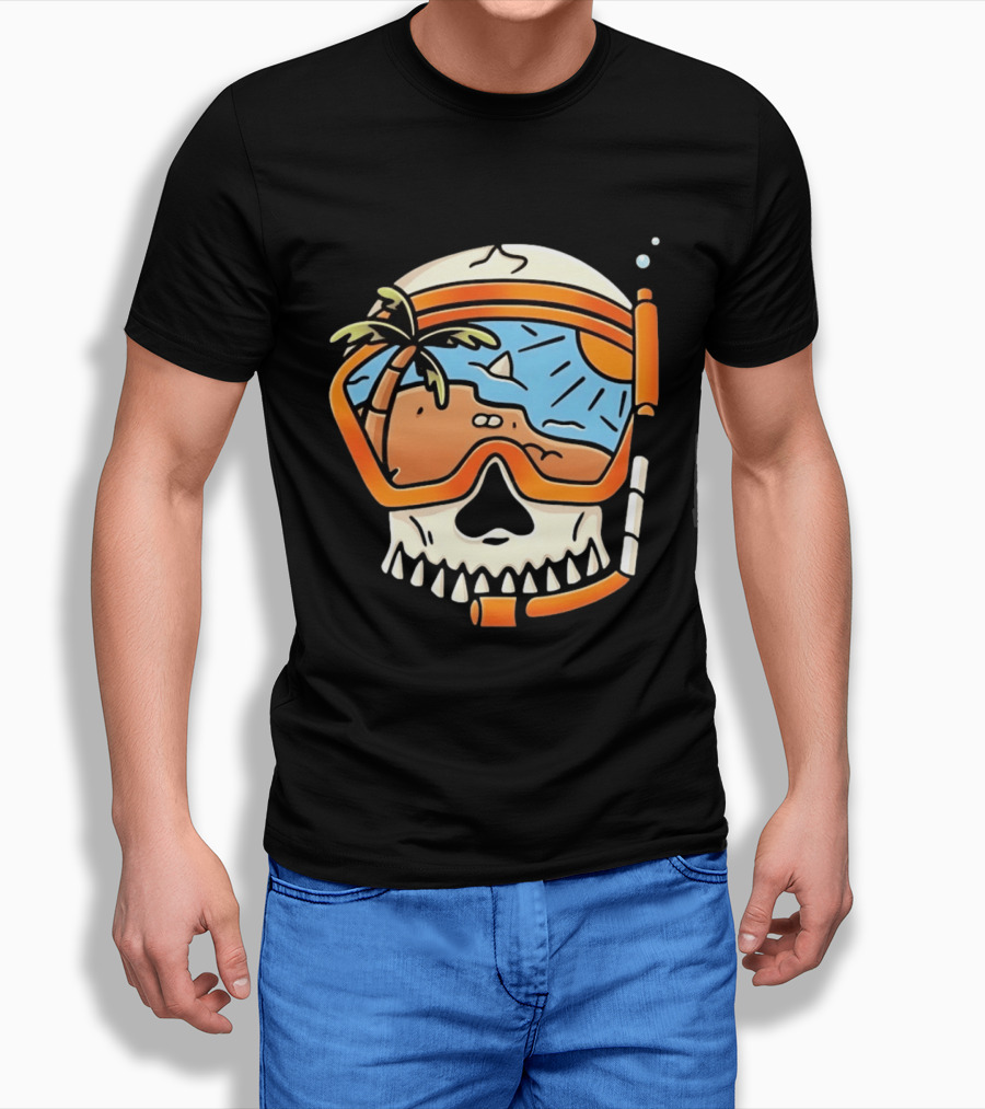 Skull Wearing Snorkel Mask With Tropical Beach Scene Palm Tree Sun T-Shirt