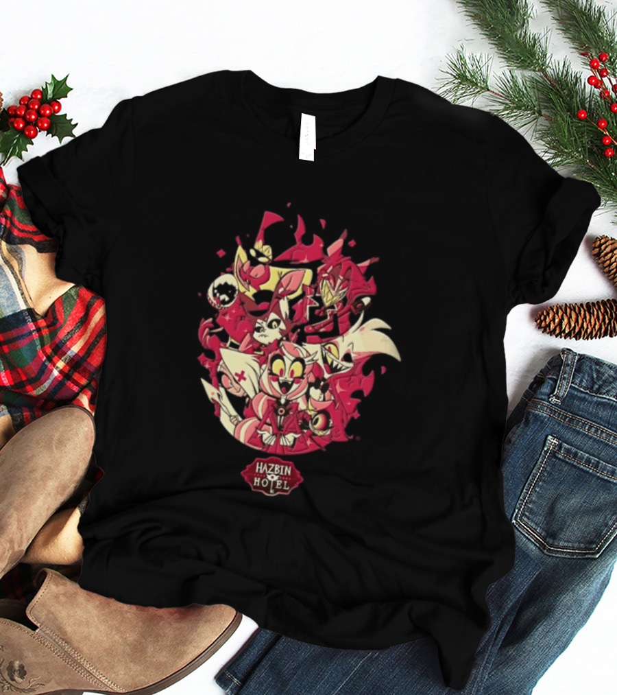 Hazbin Hotel Demon Characters Group Red Sparkles Cartoon Alastor Angel Dust Charlie Vaggie T-Shirt