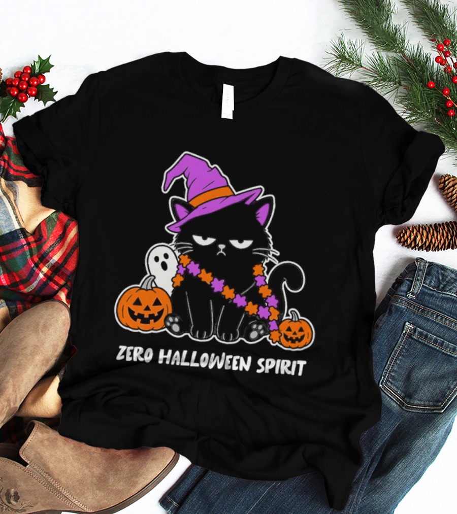Zero Halloween Spirit Grumpy Black Cat With Pumpkin Ghost And Hat T-Shirt