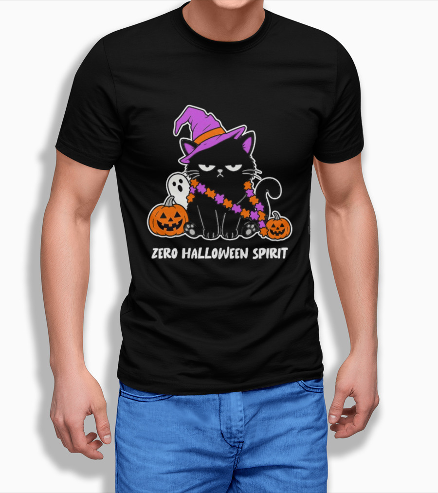 Zero Halloween Spirit Grumpy Black Cat With Pumpkin Ghost And Hat T-Shirt