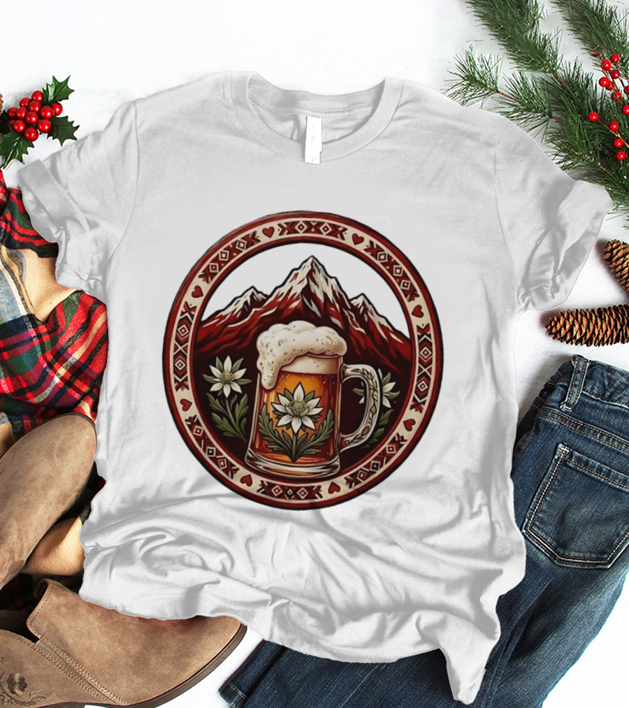 Alpine Beer Edelweiss Mountain Peaks Bavarian Heart Border T-Shirt