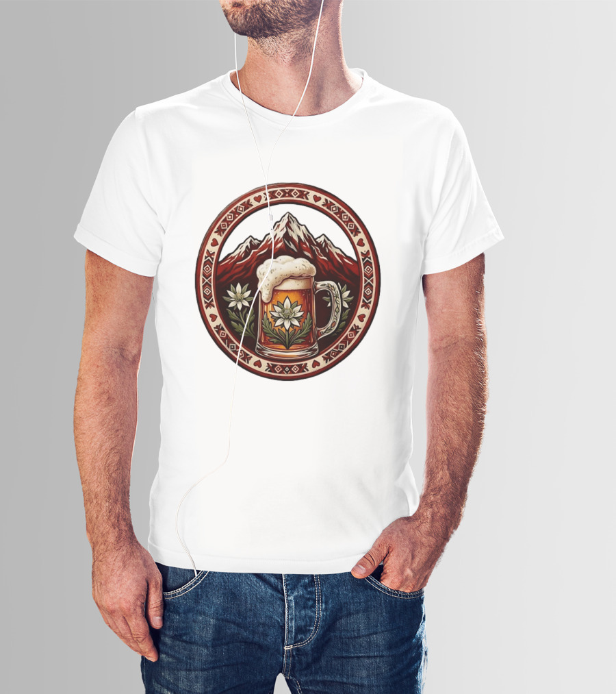 Alpine Beer Edelweiss Mountain Peaks Bavarian Heart Border T-Shirt
