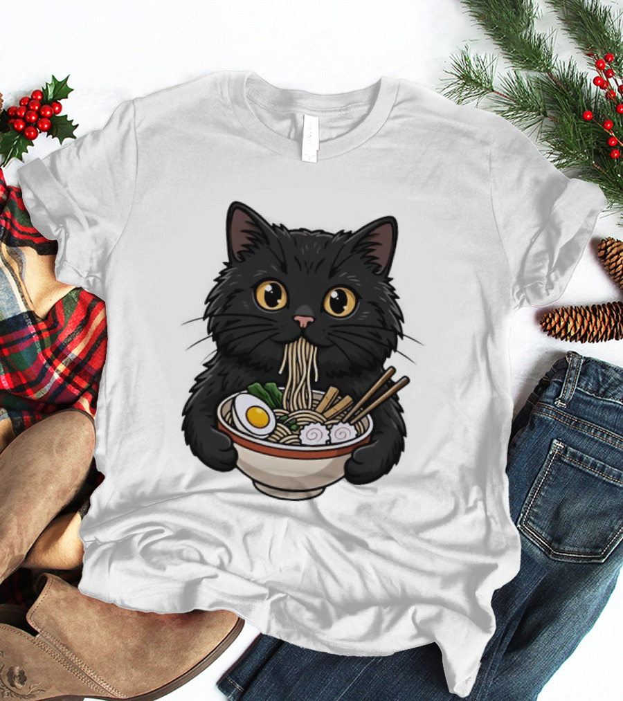 Black Cat Enjoying Ramen Noodles Anime T-Shirt