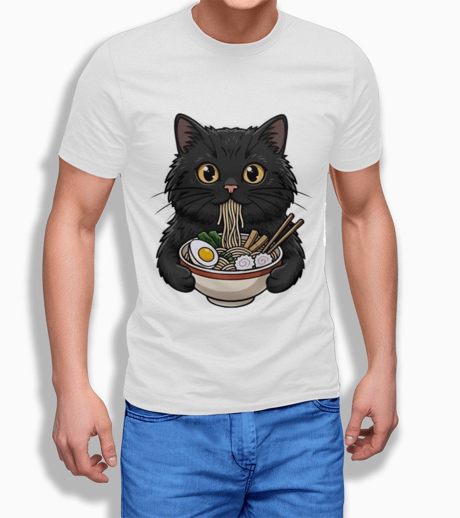 Black Cat Enjoying Ramen Noodles Anime T-Shirt