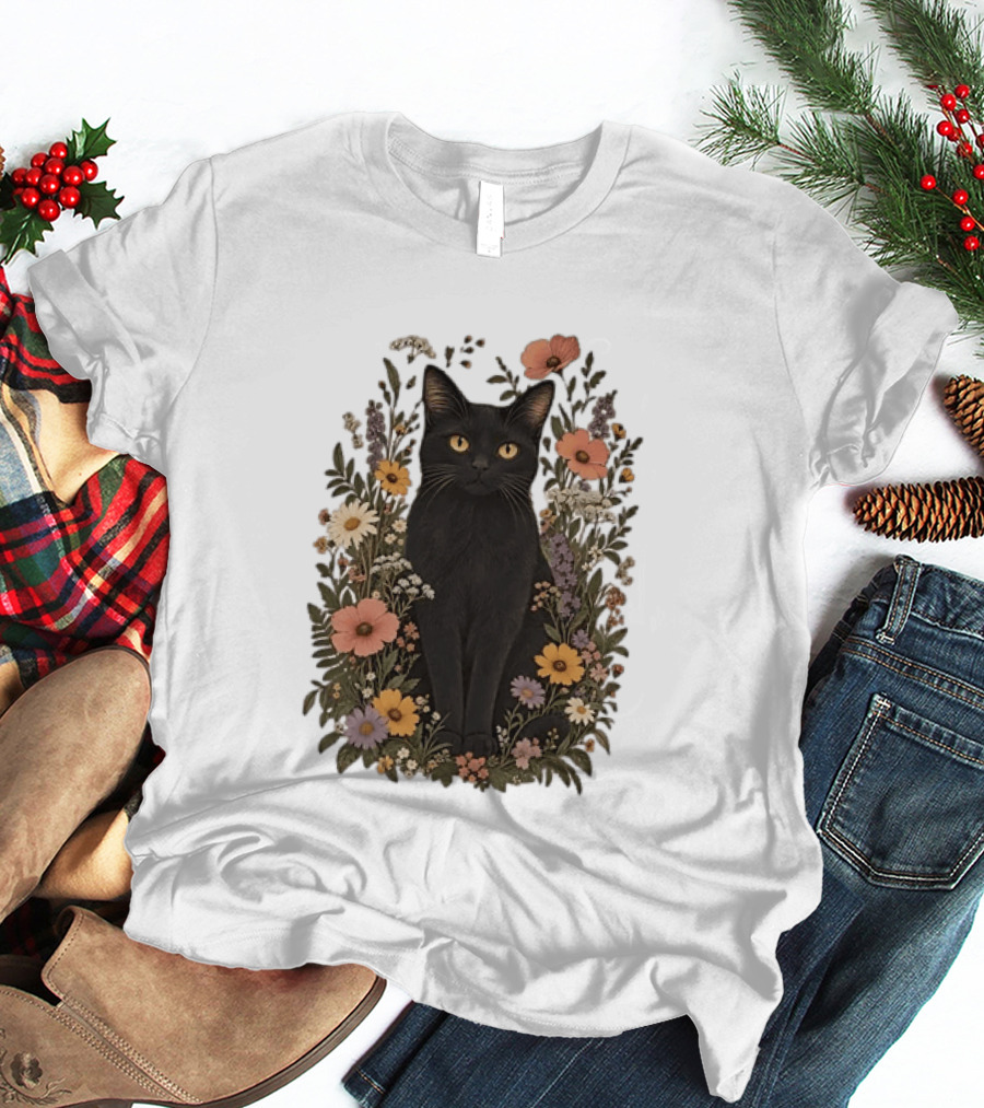 Black Cat In Blooming Garden Of Wildflowers T-Shirt