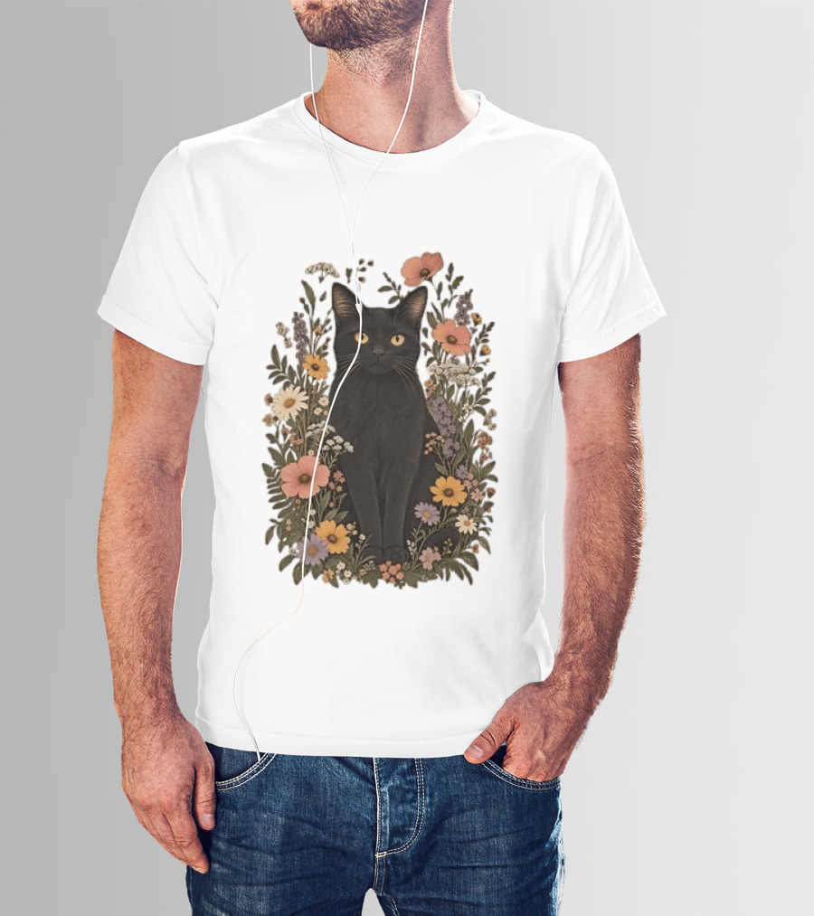 Black Cat In Blooming Garden Of Wildflowers T-Shirt