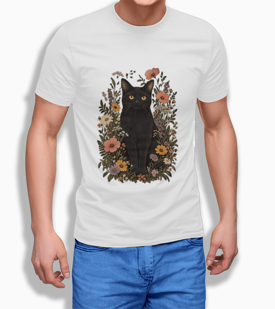 Black Cat In Blooming Garden Of Wildflowers T-Shirt