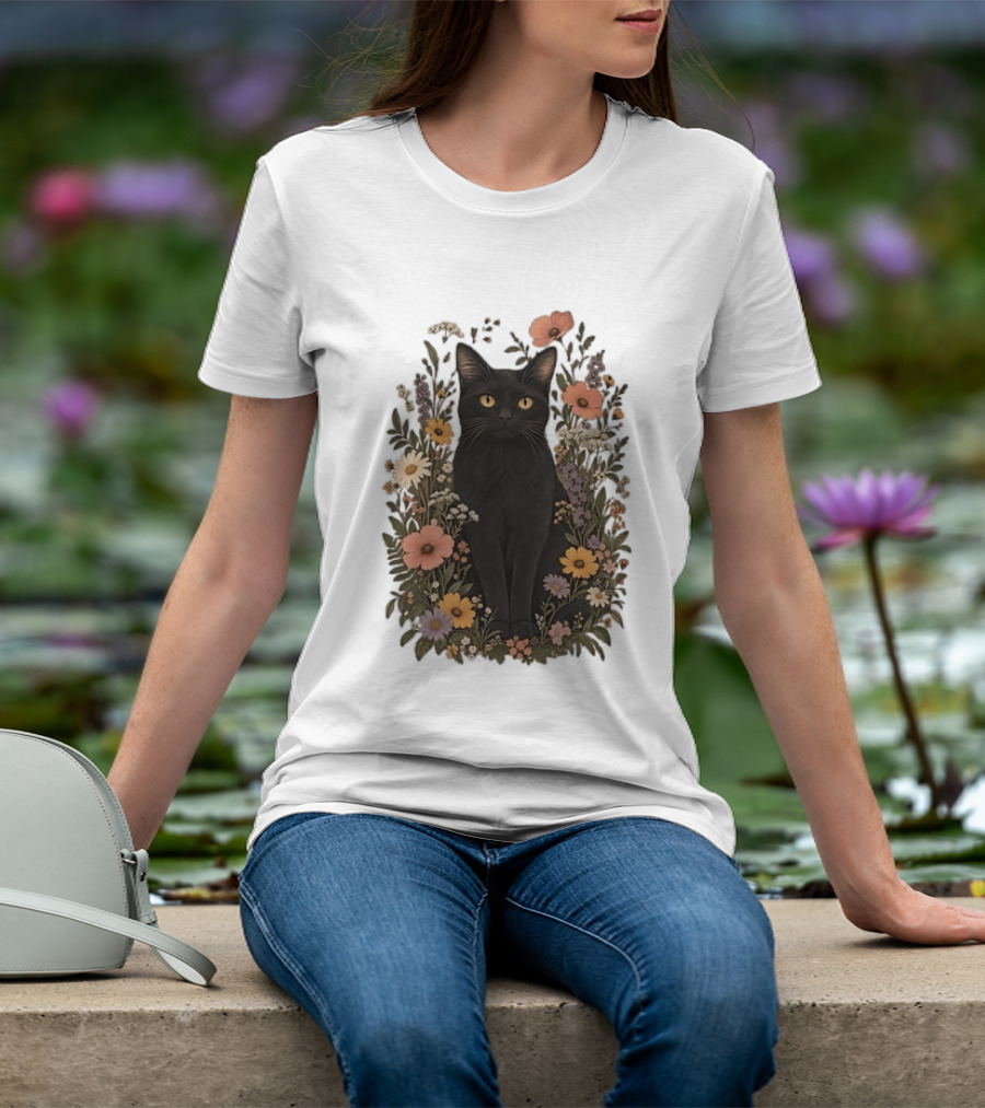 Black Cat In Blooming Garden Of Wildflowers T-Shirt