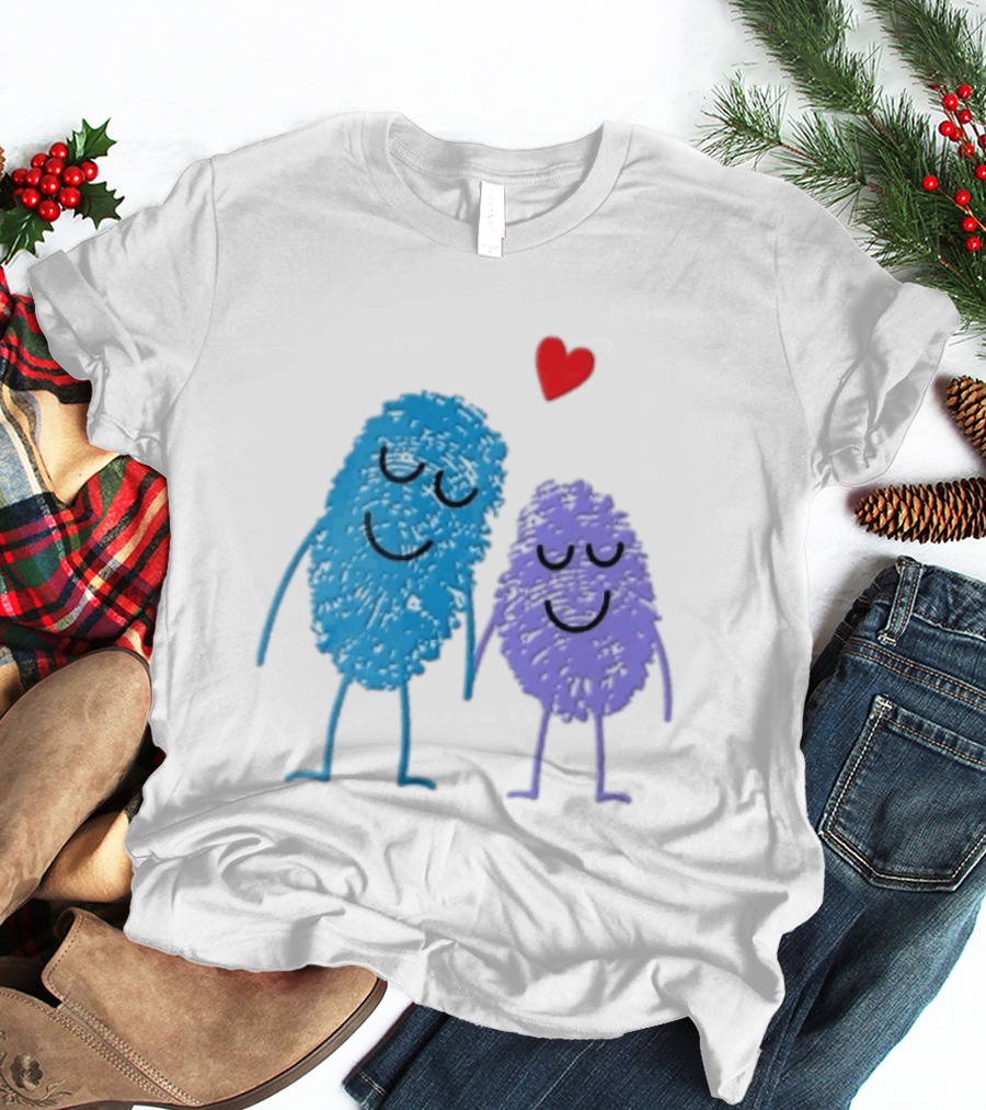 Blue Purple Fingerprint Characters Holding Hands Red Heart Cartoon T-Shirt