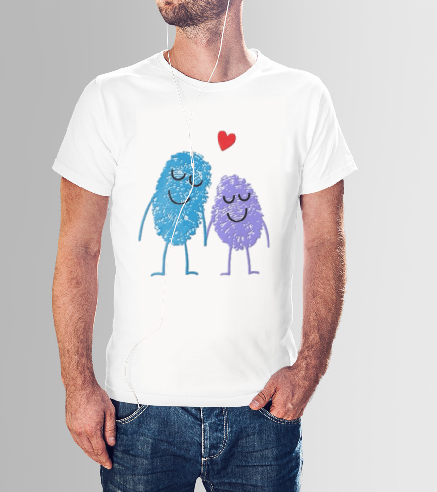 Blue Purple Fingerprint Characters Holding Hands Red Heart Cartoon T-Shirt