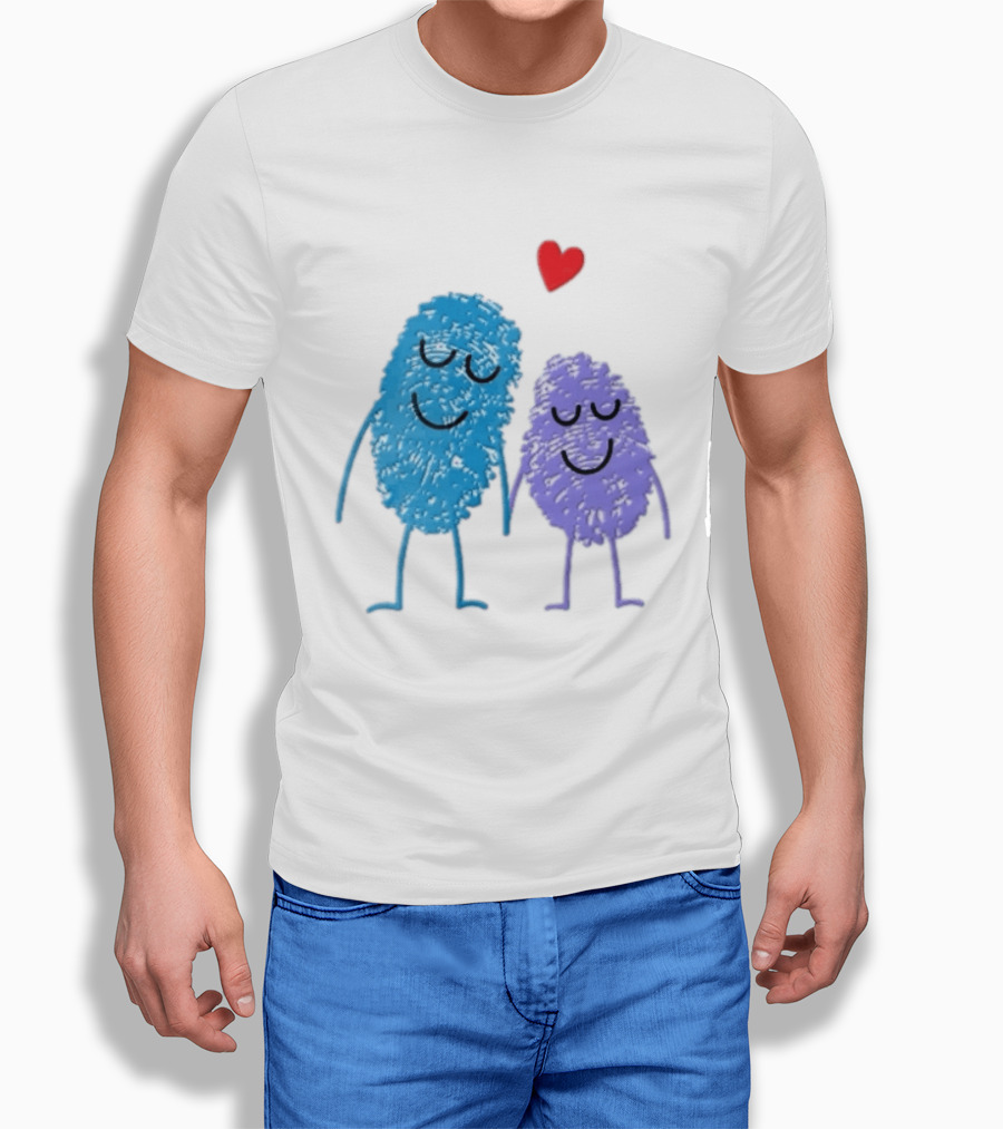 Blue Purple Fingerprint Characters Holding Hands Red Heart Cartoon T-Shirt