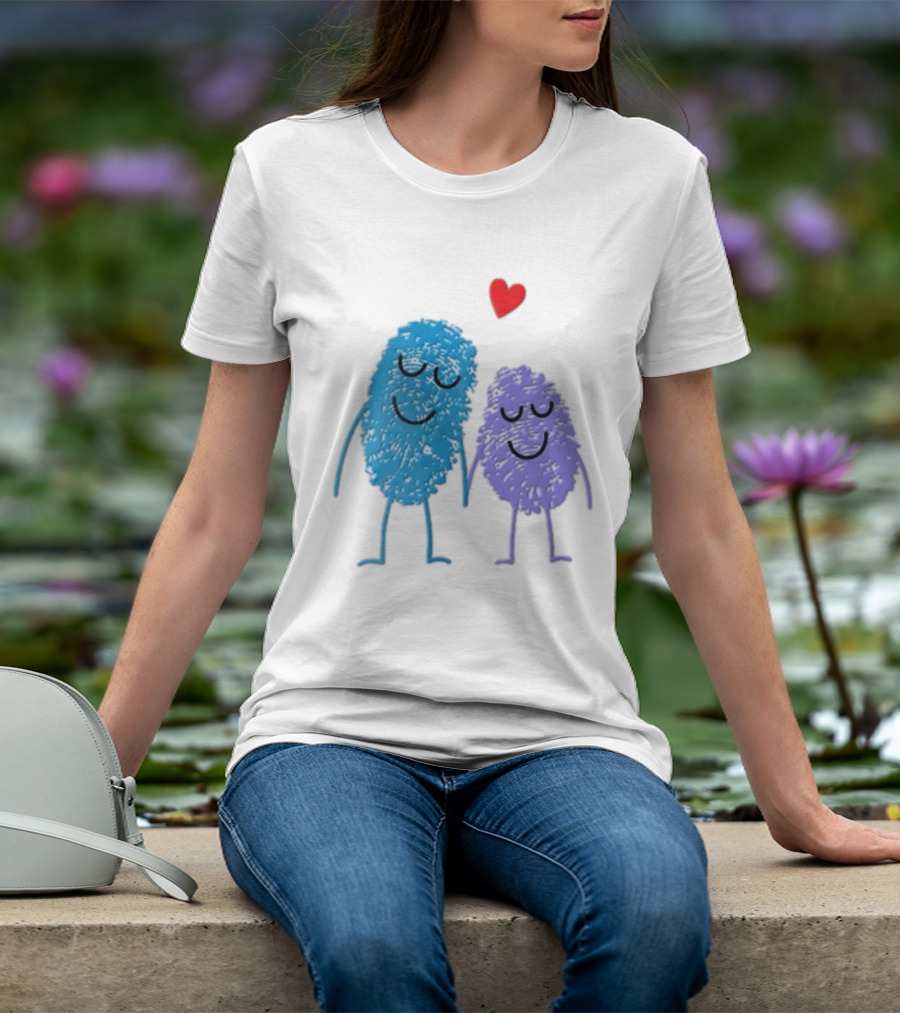 Blue Purple Fingerprint Characters Holding Hands Red Heart Cartoon T-Shirt