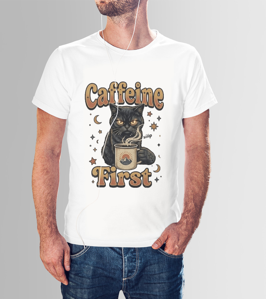 Caffeine First Cat With Coffee Moon Stars T-Shirt