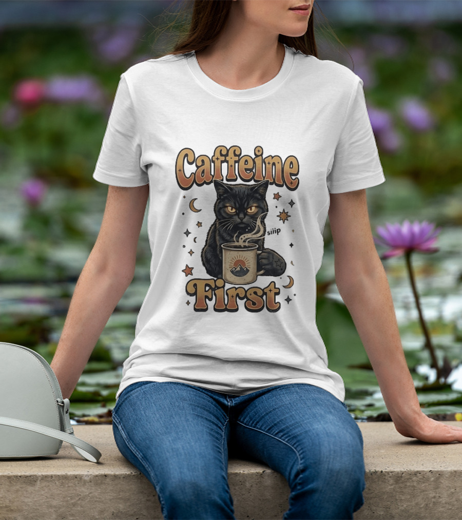 Caffeine First Cat With Coffee Moon Stars T-Shirt
