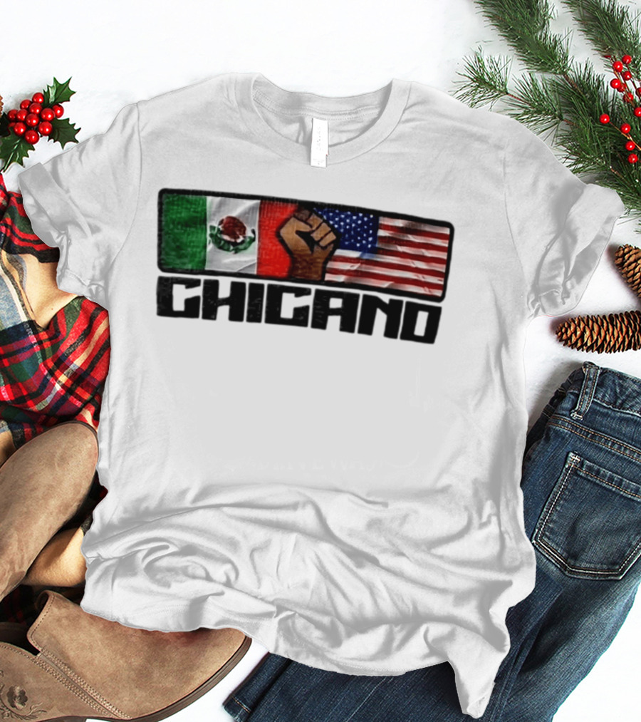 Chicano Mexican And American Flags With Raised Fist T-Shirt