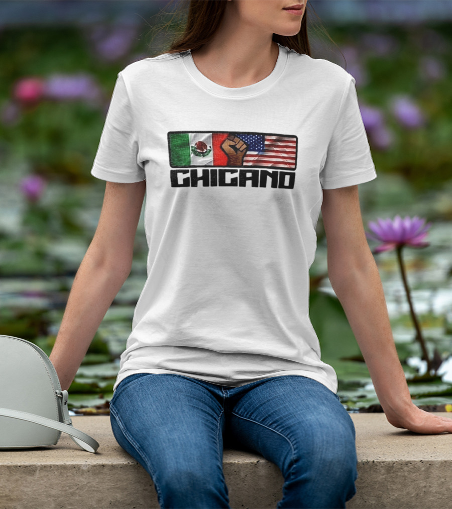 Chicano Mexican And American Flags With Raised Fist T-Shirt