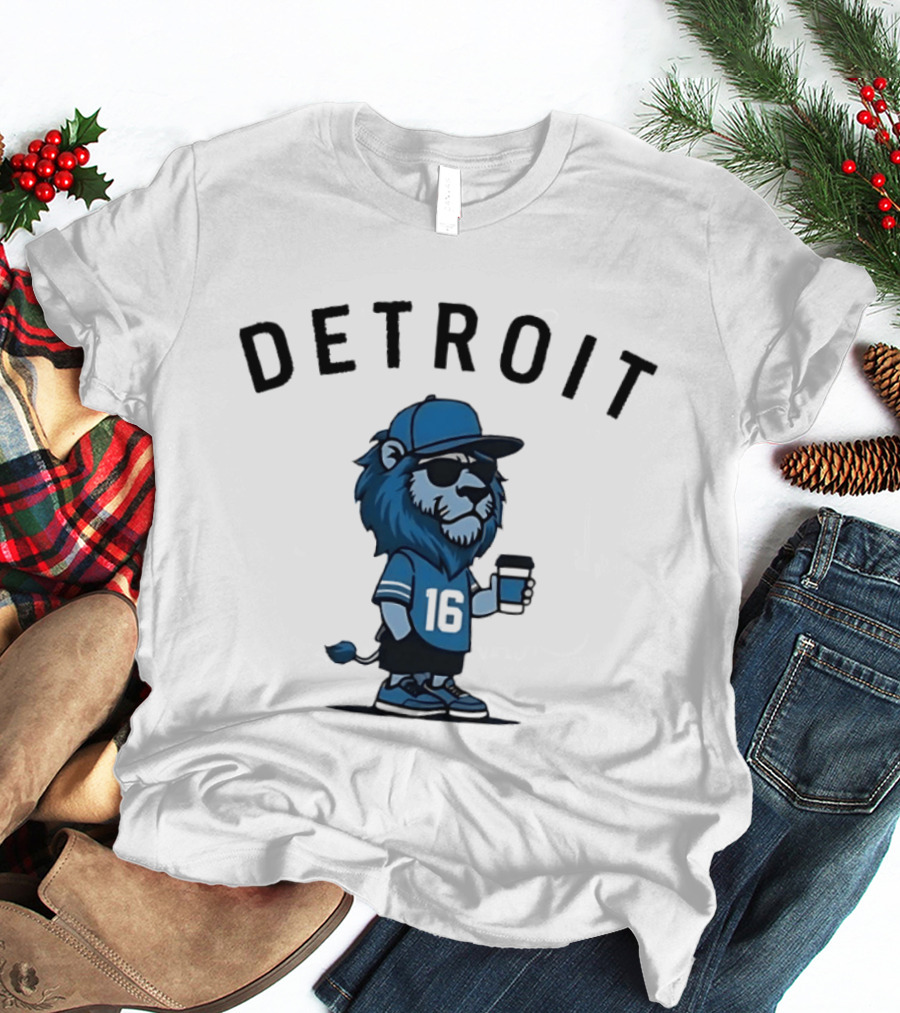 Detroit Lions Lion Mascot Jersey 16 With Coffee T-Shirt