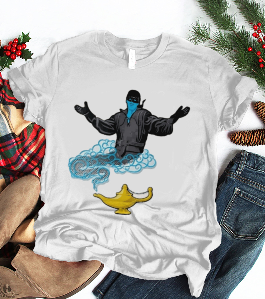 Dread Pirate Roberts Genie Man In Black With Golden Magic Lamp Halftone Cartoon T-Shirt
