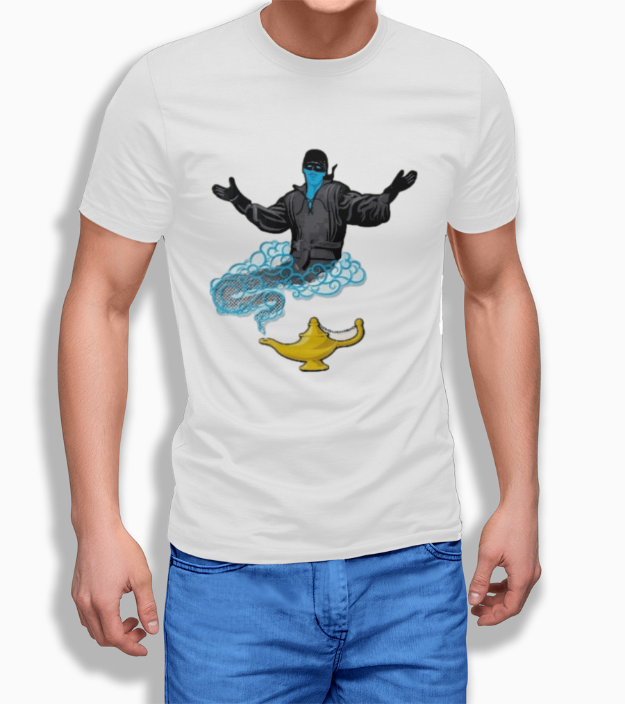 Dread Pirate Roberts Genie Man In Black With Golden Magic Lamp Halftone Cartoon T-Shirt