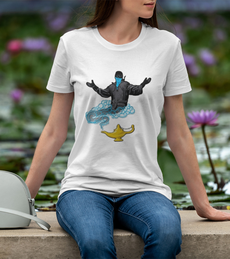 Dread Pirate Roberts Genie Man In Black With Golden Magic Lamp Halftone Cartoon T-Shirt