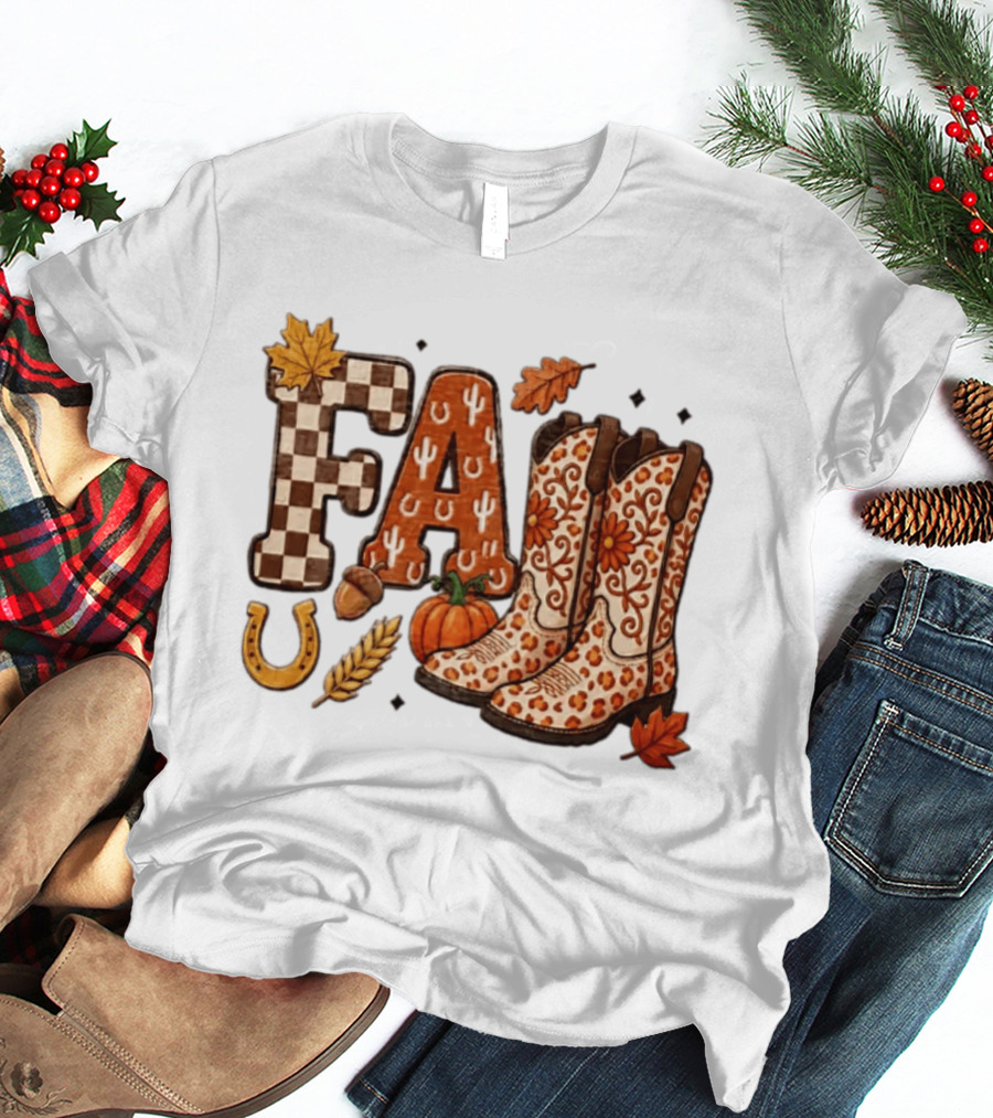 Fall Western Cowboy Boots Pumpkin Horseshoe Wheat Harvest Season T-Shirt