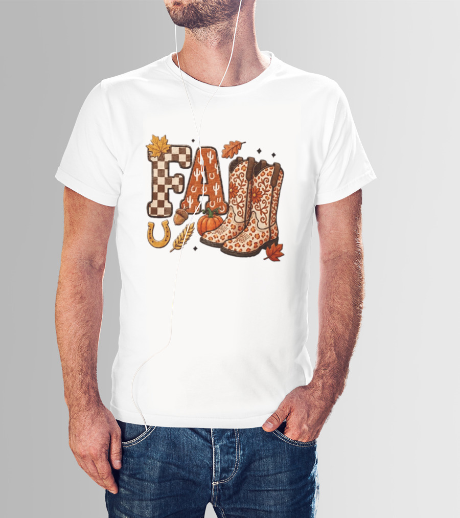 Fall Western Cowboy Boots Pumpkin Horseshoe Wheat Harvest Season T-Shirt