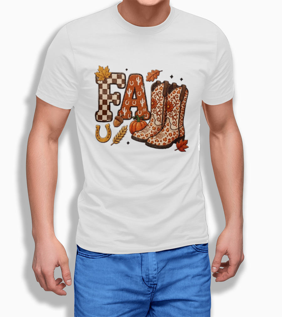 Fall Western Cowboy Boots Pumpkin Horseshoe Wheat Harvest Season T-Shirt