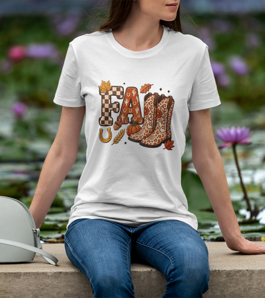 Fall Western Cowboy Boots Pumpkin Horseshoe Wheat Harvest Season T-Shirt