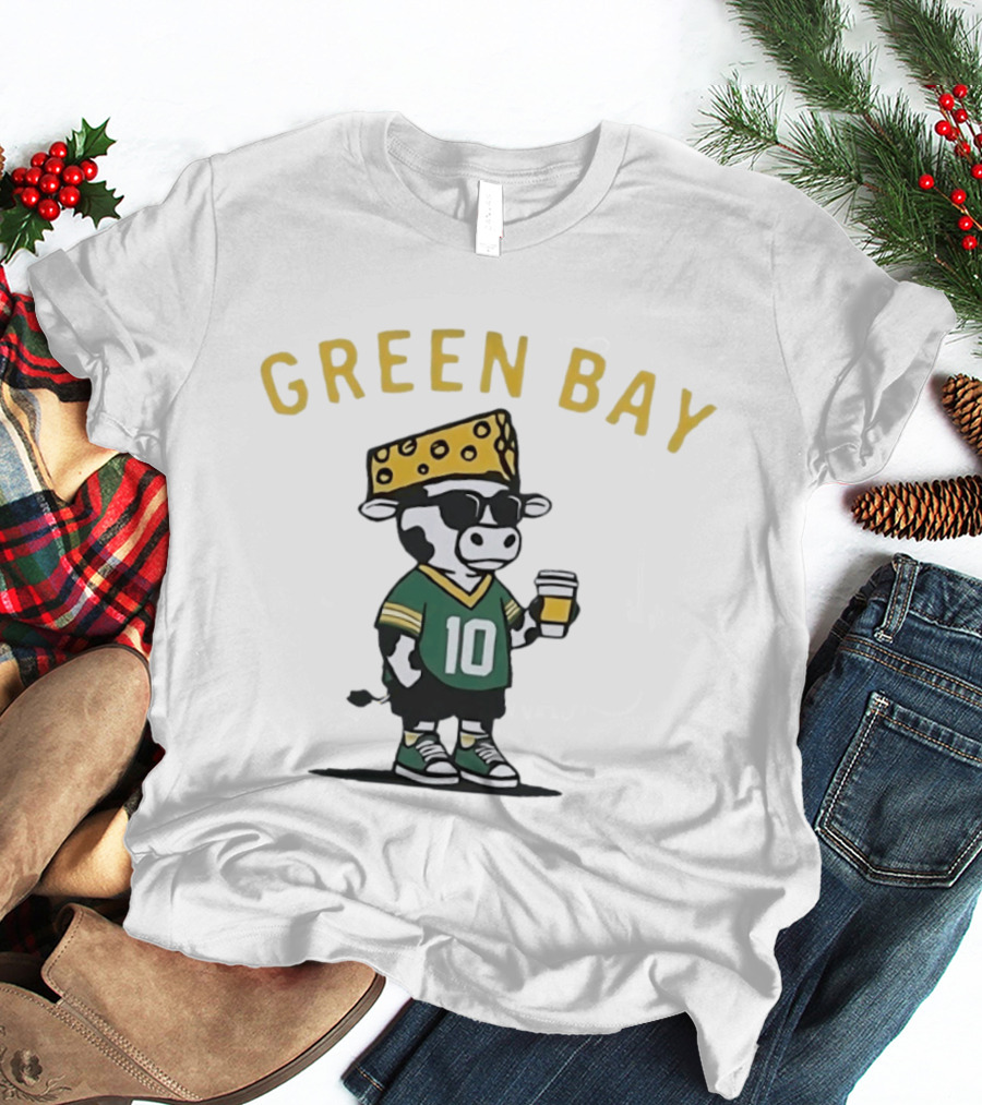 Green Bay Cow Wearing Cheesehead And Number 10 Jersey T-Shirt