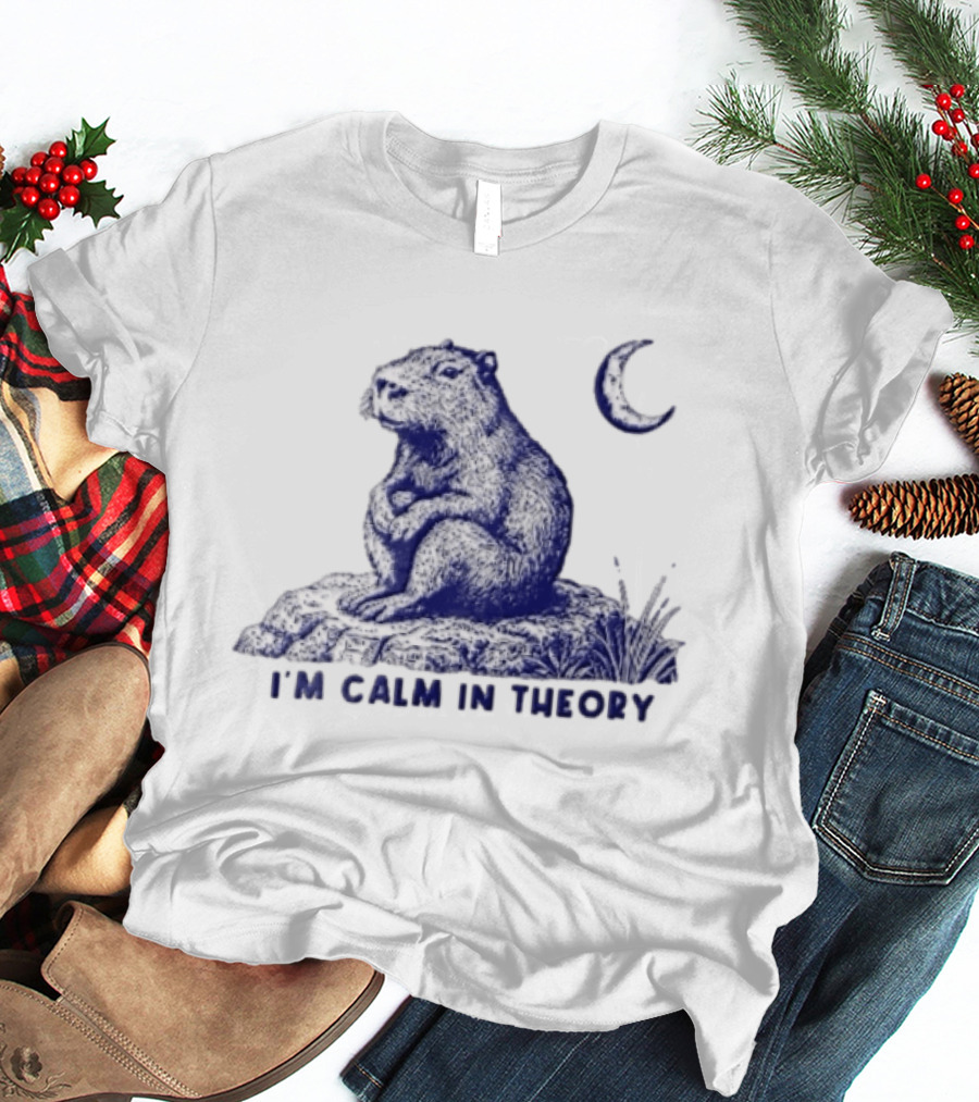 I'm Calm In Theory Capybara Sitting On Rock Under Crescent Moon T-Shirt