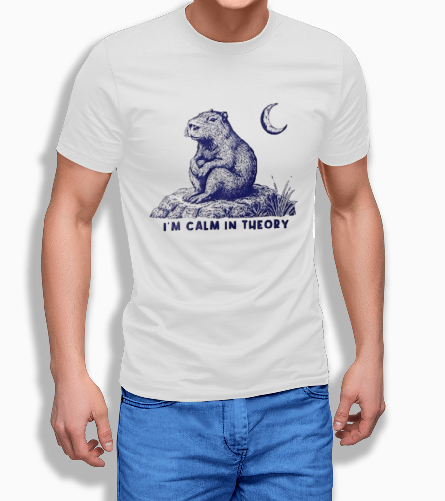 I'm Calm In Theory Capybara Sitting On Rock Under Crescent Moon T-Shirt
