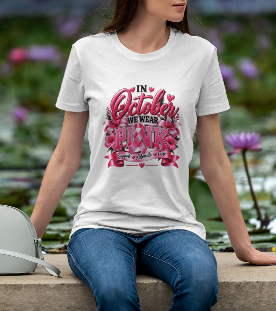 In October We Wear Pink Breast Cancer Awareness Support Advocate Cure T-Shirt