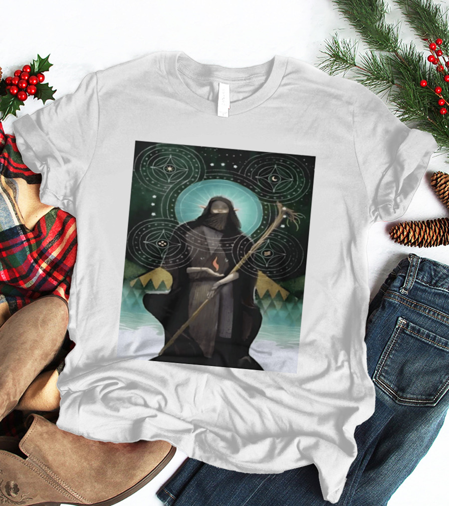 Mystical Elf Mage Staff Elemental Magic Symbols Enchanted Circles T-Shirt