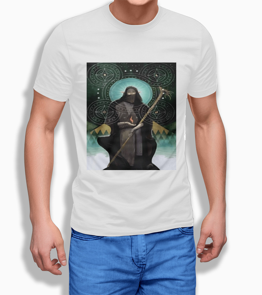 Mystical Elf Mage Staff Elemental Magic Symbols Enchanted Circles T-Shirt