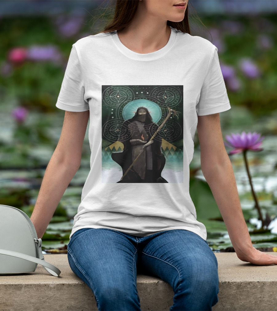 Mystical Elf Mage Staff Elemental Magic Symbols Enchanted Circles T-Shirt
