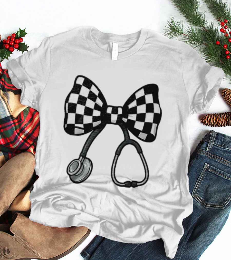 Checkered Bow Stethoscope Medical Nurse T-Shirt