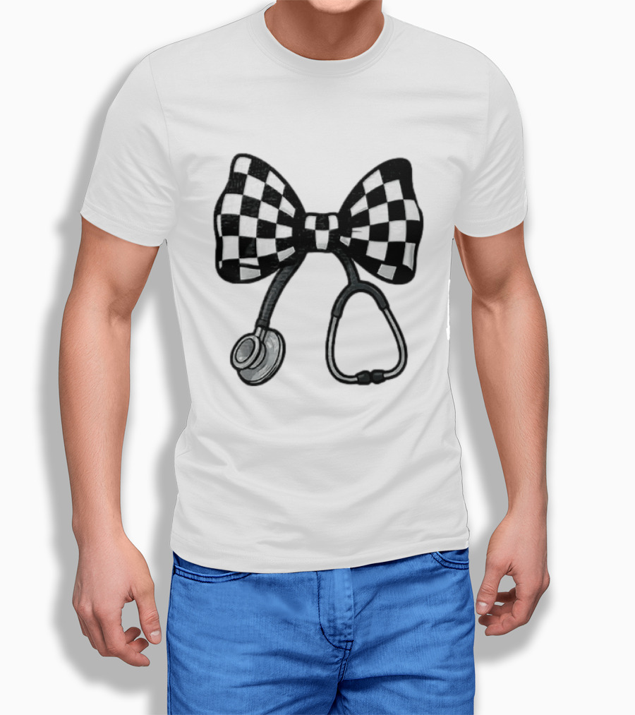 Checkered Bow Stethoscope Medical Nurse T-Shirt