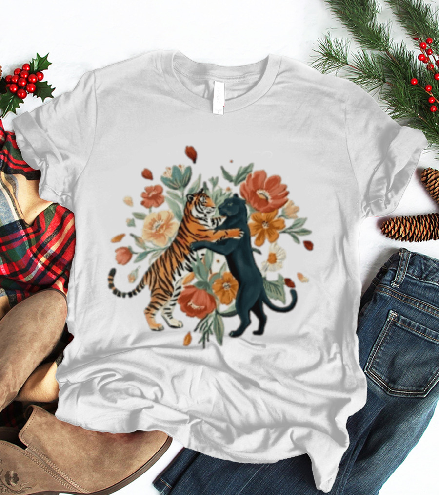 Tiger Black Panther Embrace Floral Bouquet Watercolor T-Shirt